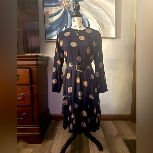 Real Vintage! Darling Navy Mandala Patterned Ruffle Belted Dress EUC!! - Picture 1 of 12